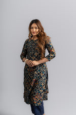 Cotton Printed A-Line Kurta - Navy Blue