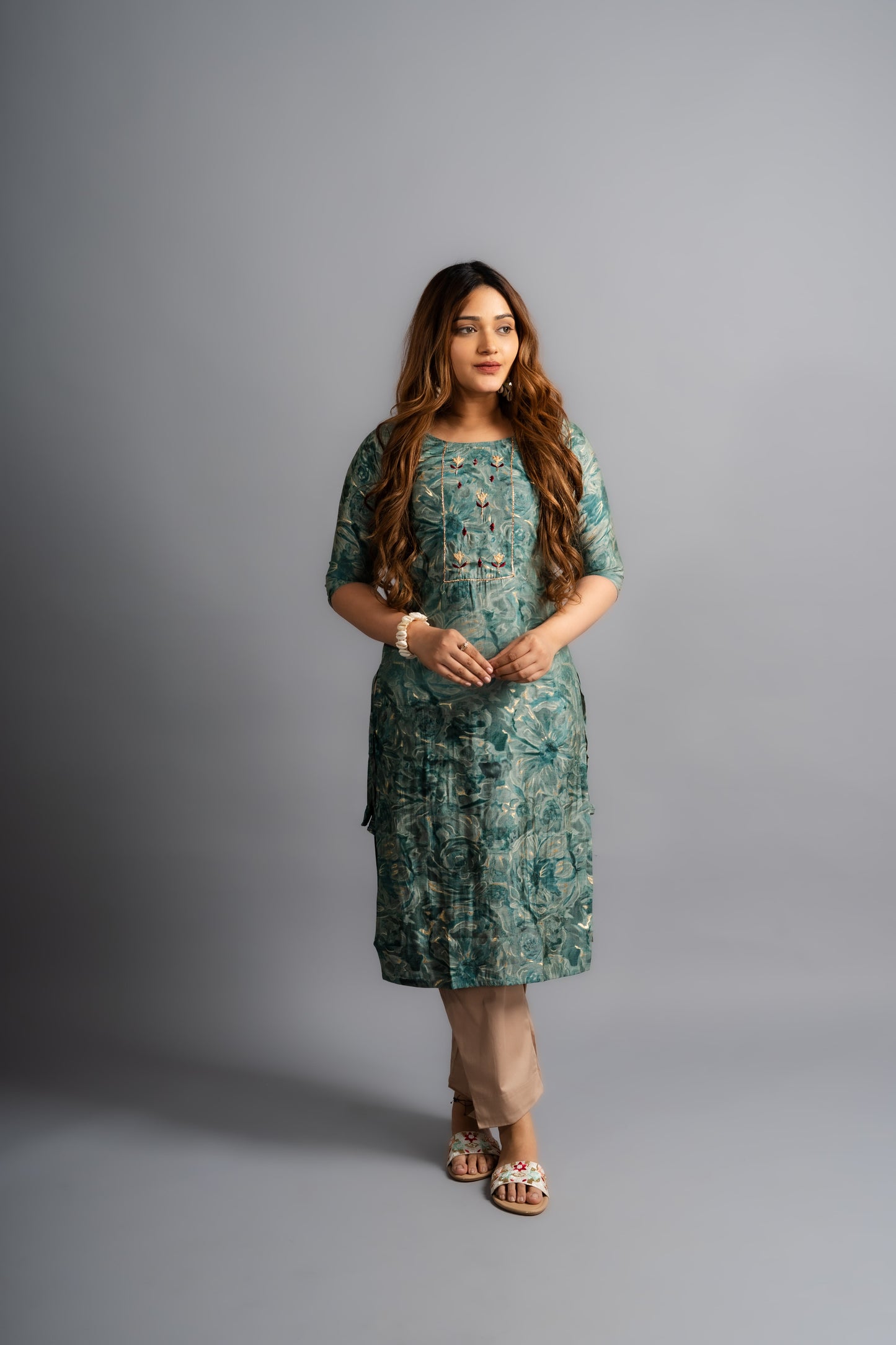 Cotton Printed A-Line Kurta - Rama Green