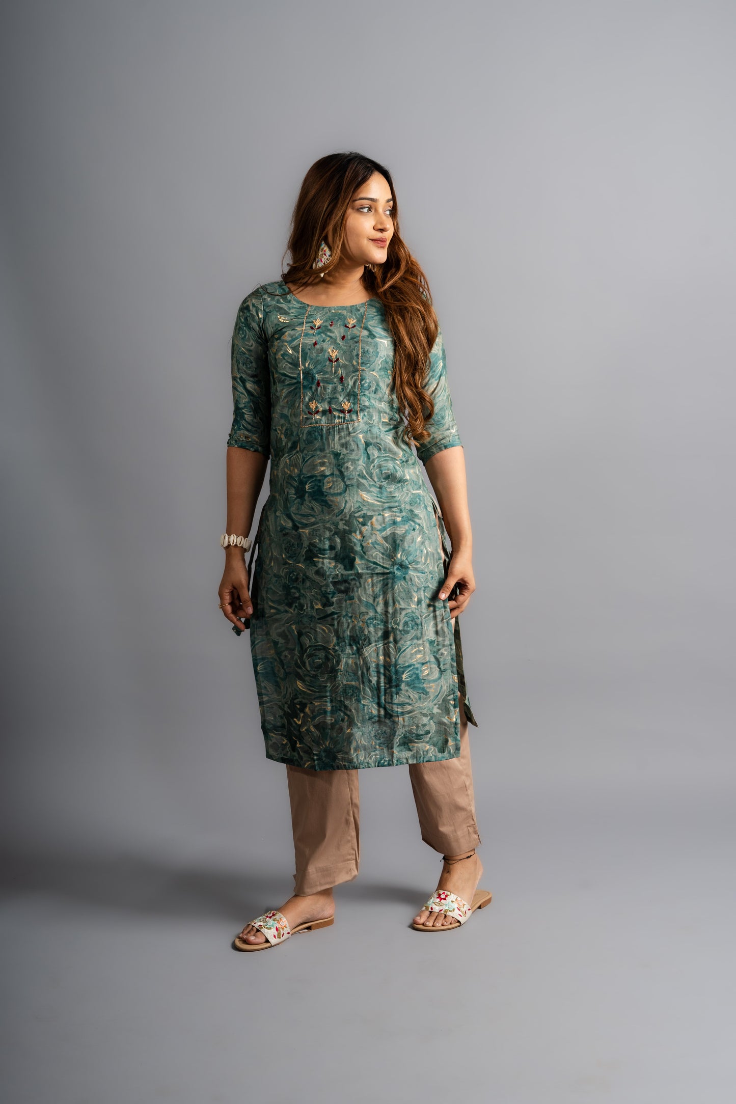 Cotton Printed A-Line Kurta - Rama Green