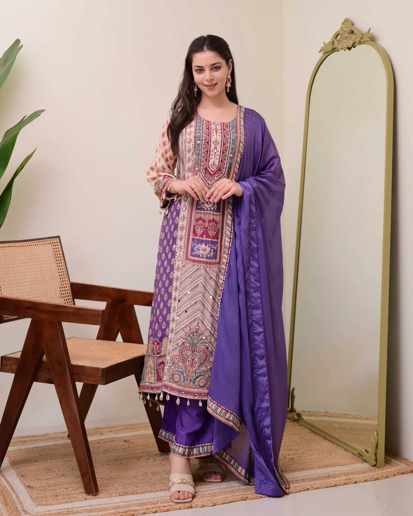 Lavender Chiffon Hand Work A-Line Festive Suit Set