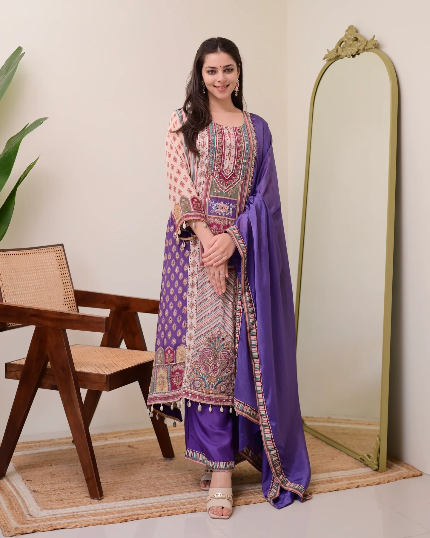 Lavender Chiffon Hand Work A-Line Festive Suit Set