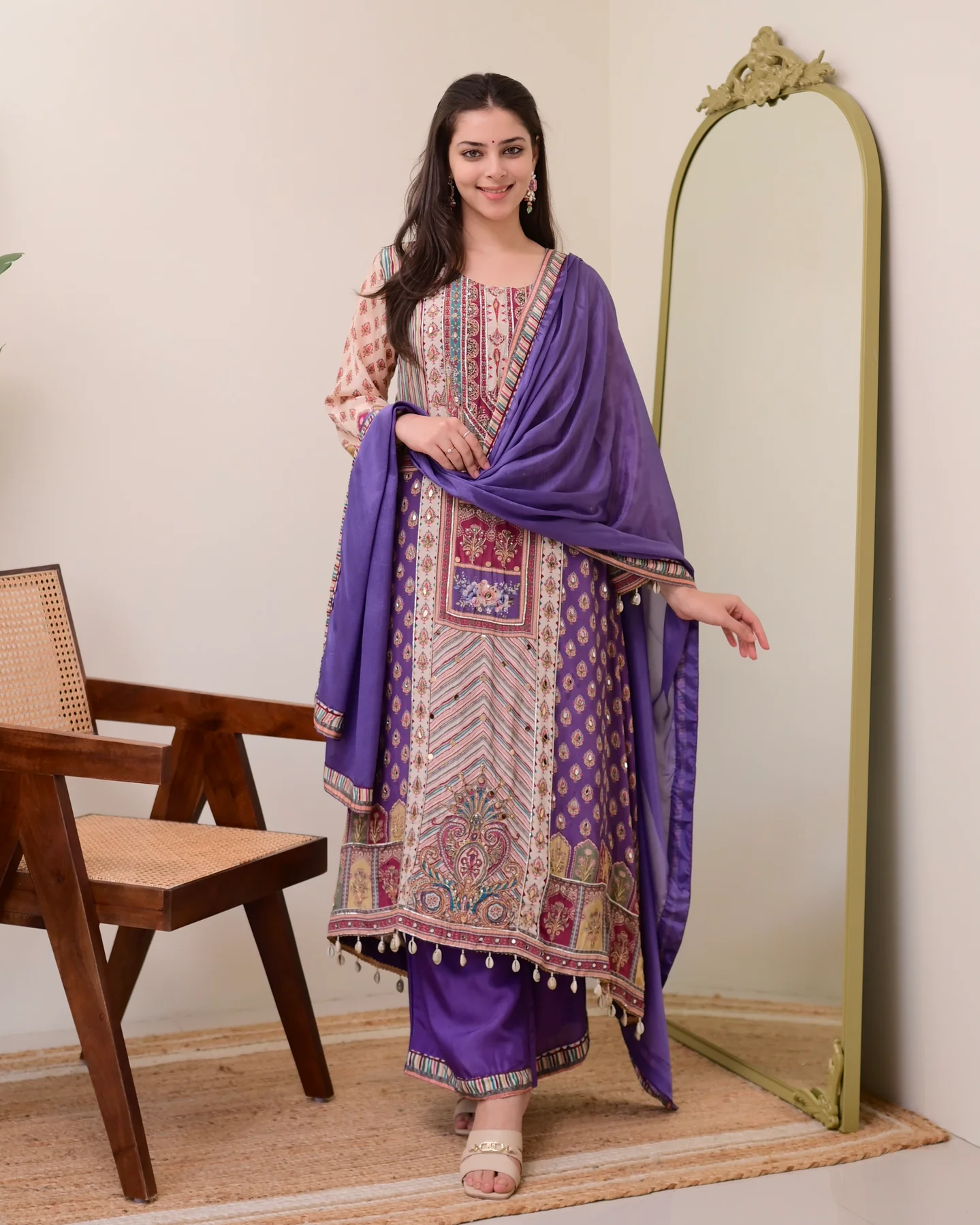 Lavender Chiffon Hand Work A-Line Festive Suit Set