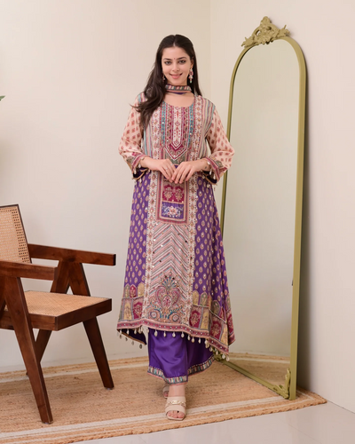 Lavender Chiffon Hand Work A-Line Festive Suit Set