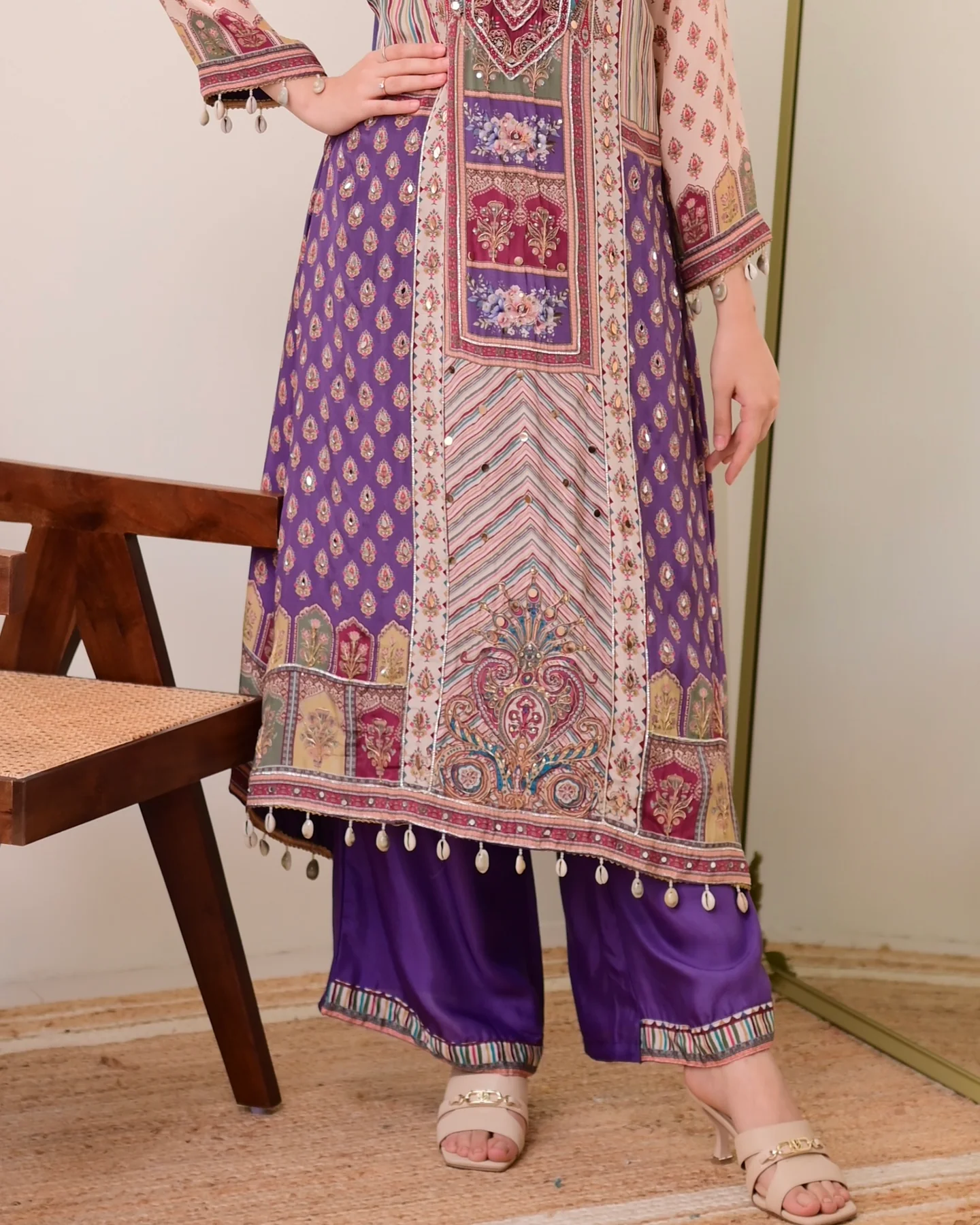 Lavender Chiffon Hand Work A-Line Festive Suit Set