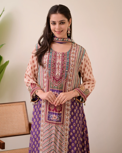 Maroon Chiffon Hand Work A-Line Festive Suit Set