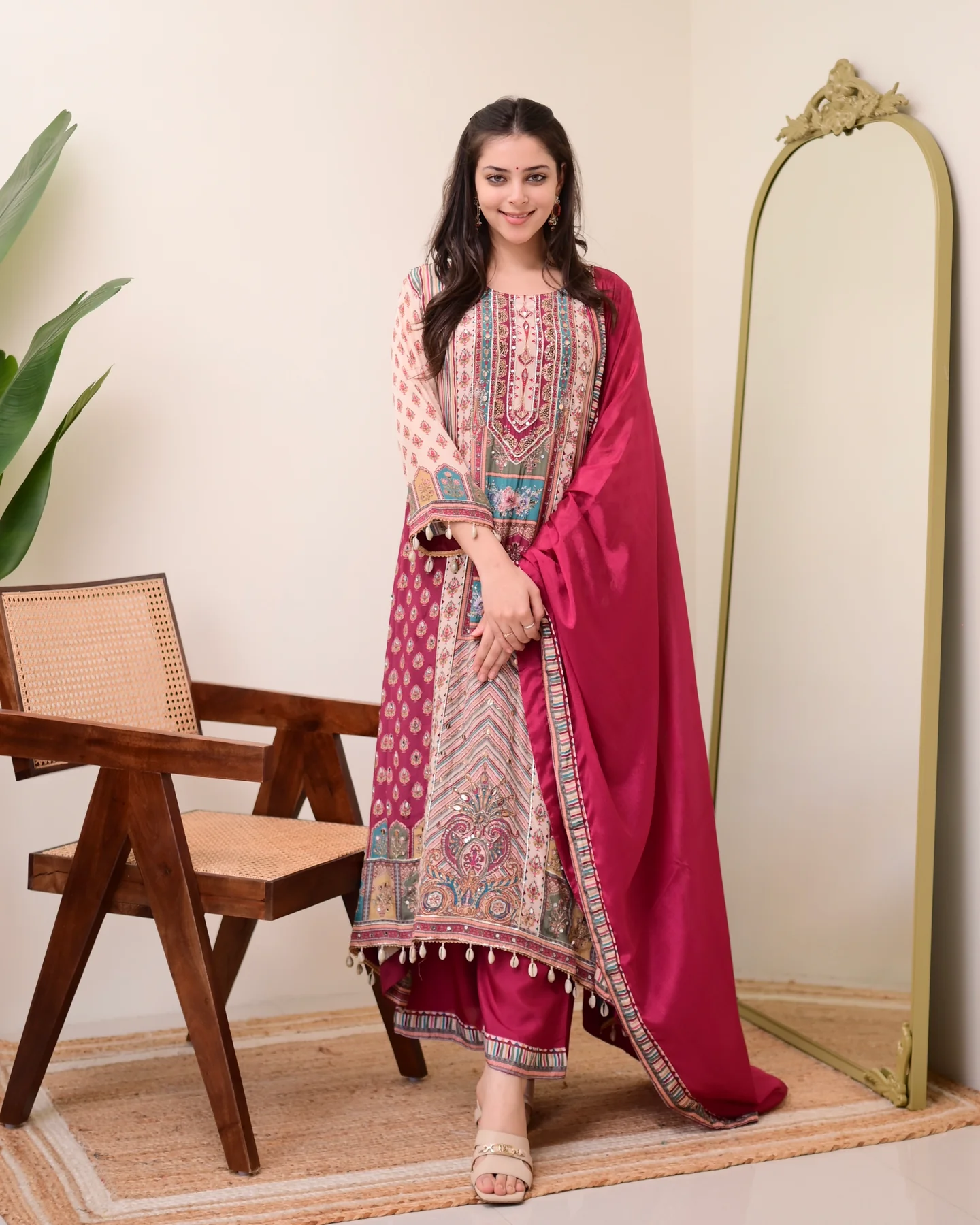 Maroon Chiffon Hand Work A-Line Festive Suit Set