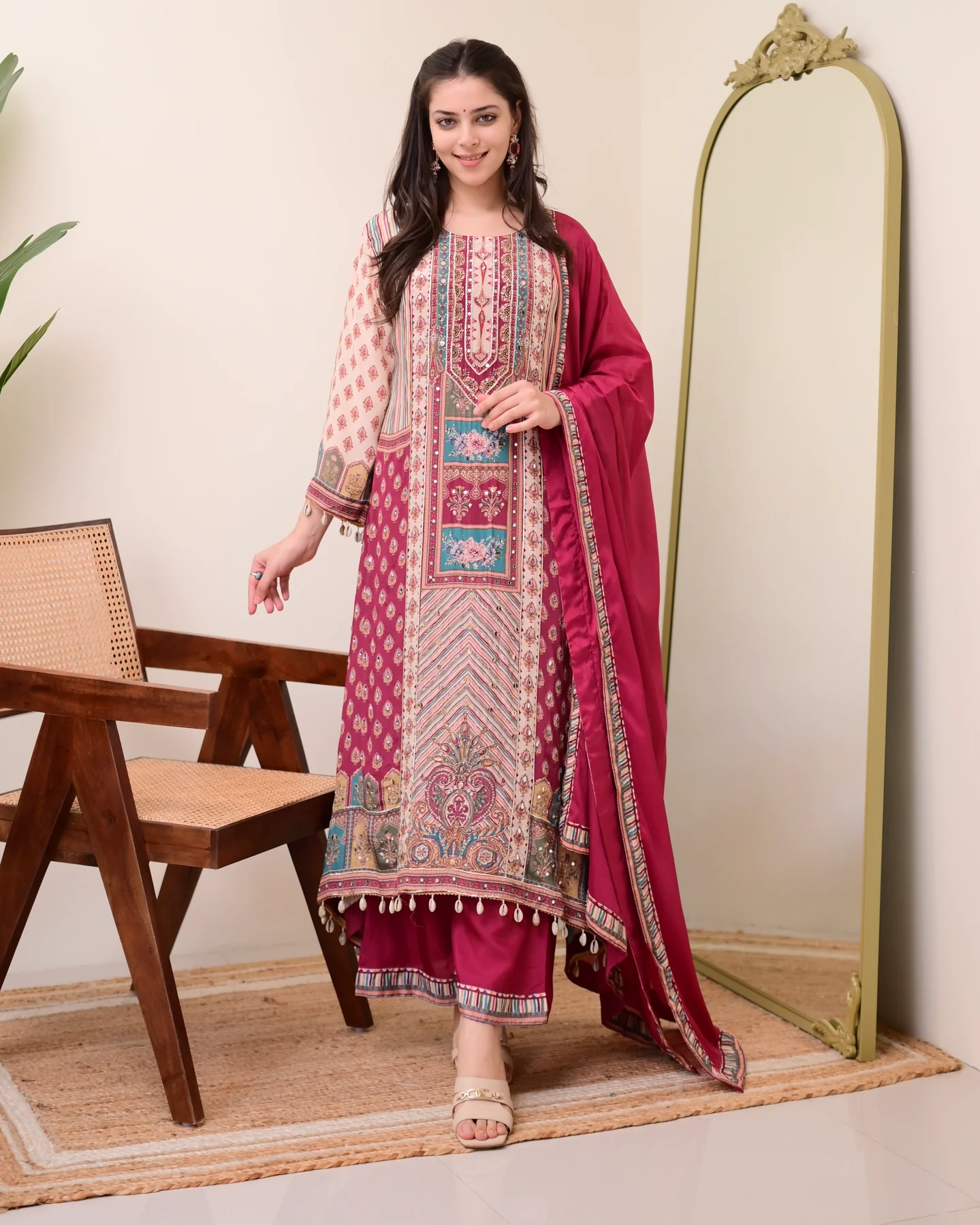 Maroon Chiffon Hand Work A-Line Festive Suit Set