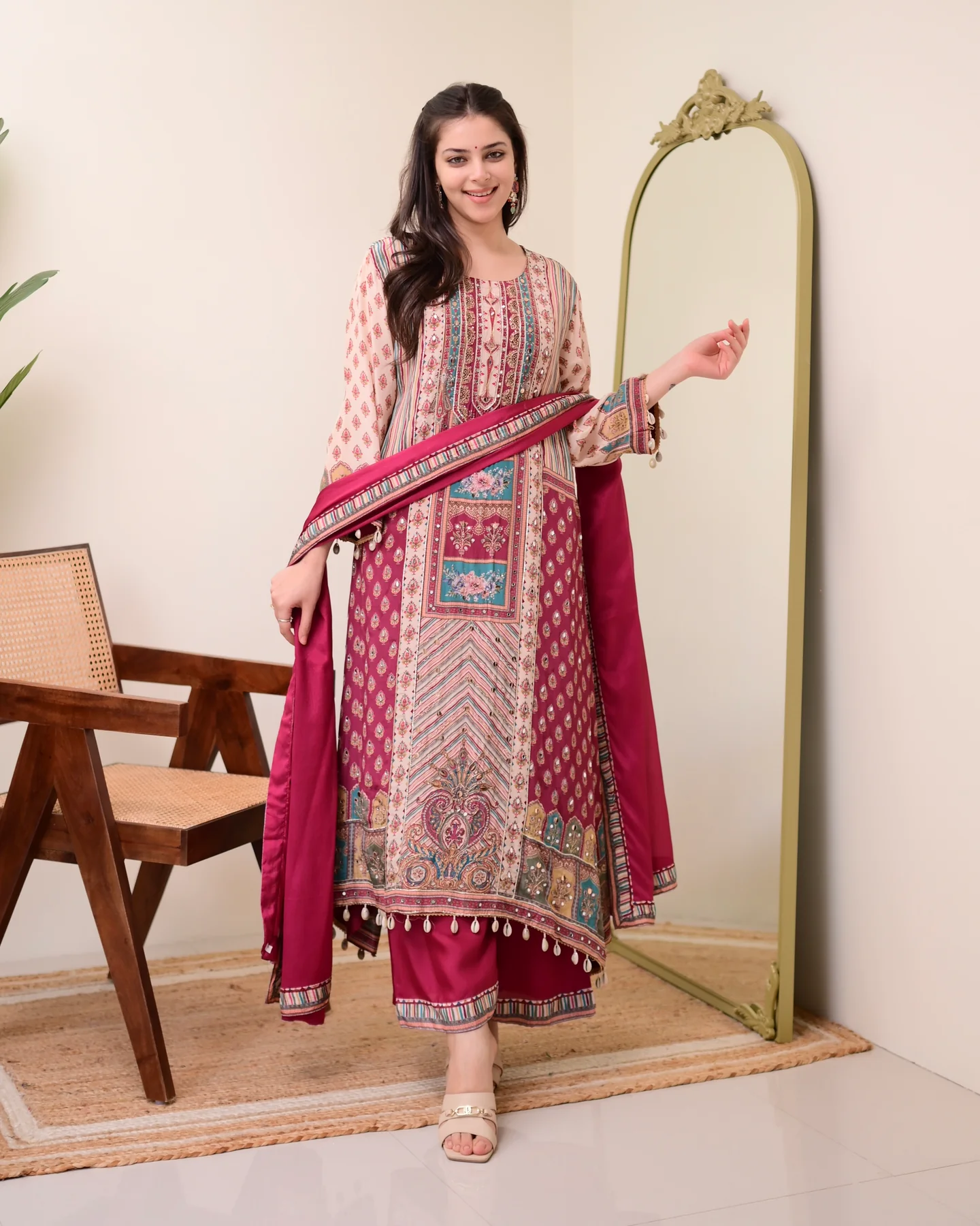 Maroon Chiffon Hand Work A-Line Festive Suit Set