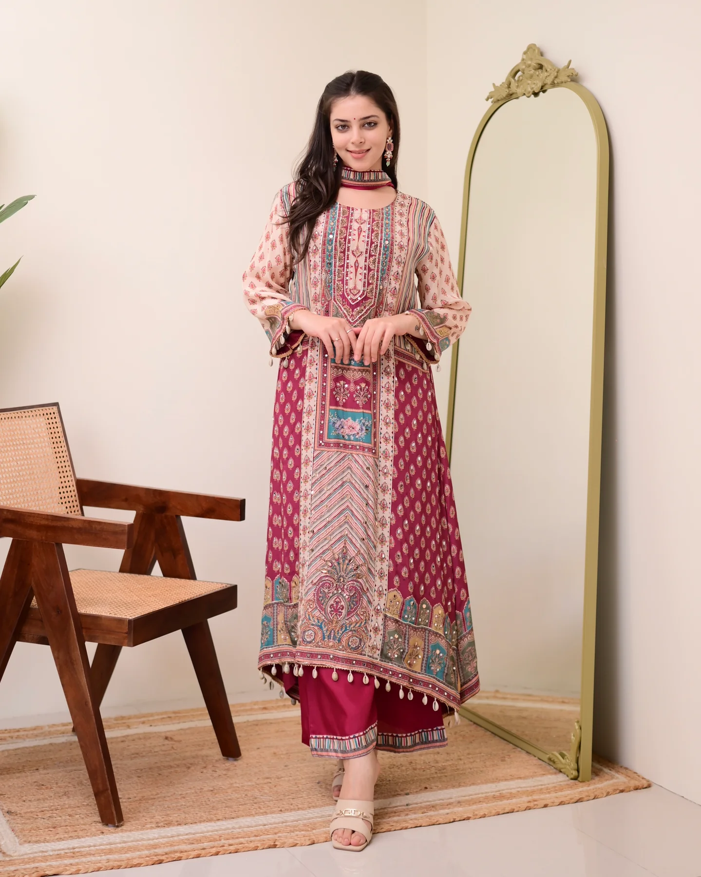 Maroon Chiffon Hand Work A-Line Festive Suit Set