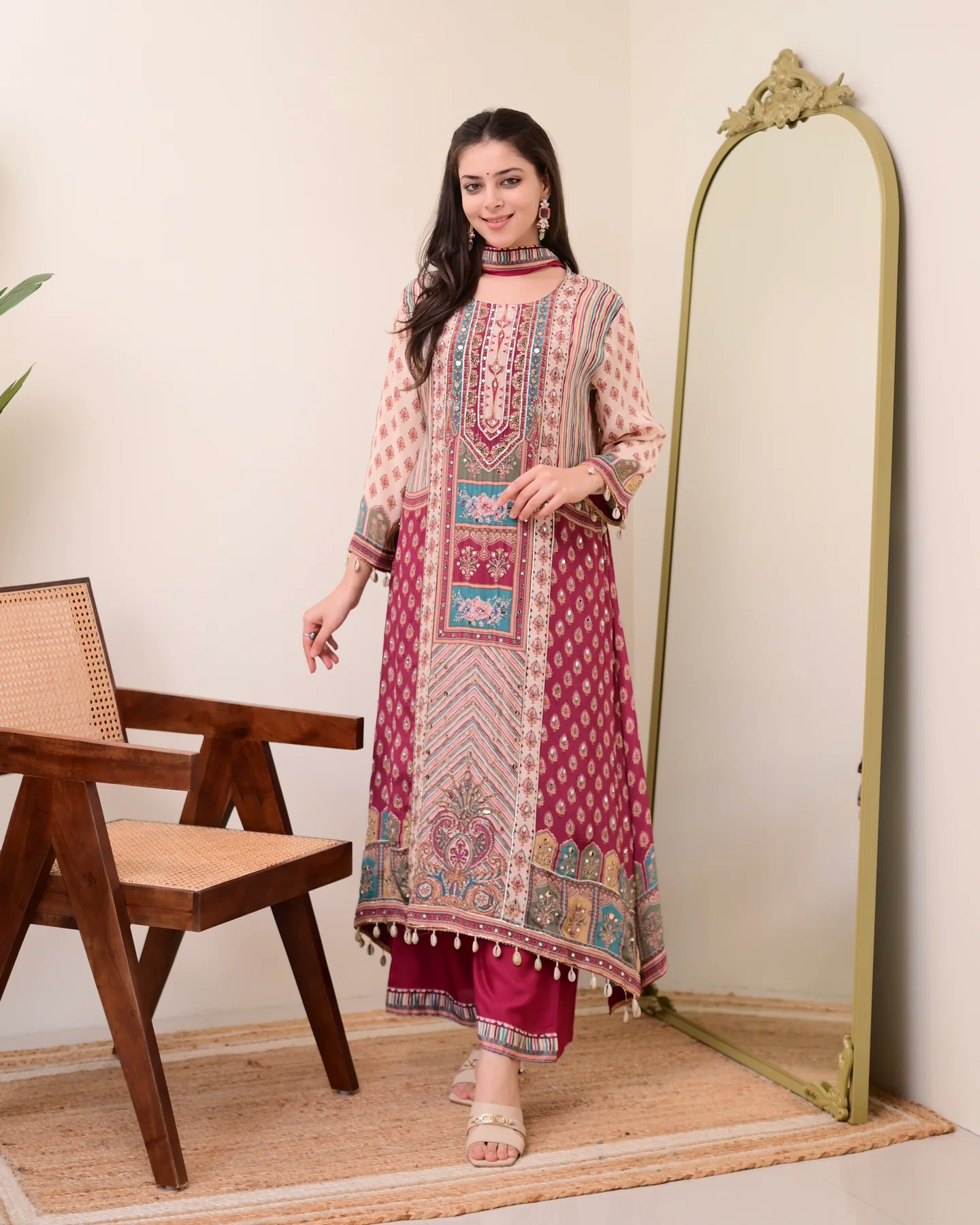 Maroon Chiffon Hand Work A-Line Festive Suit Set
