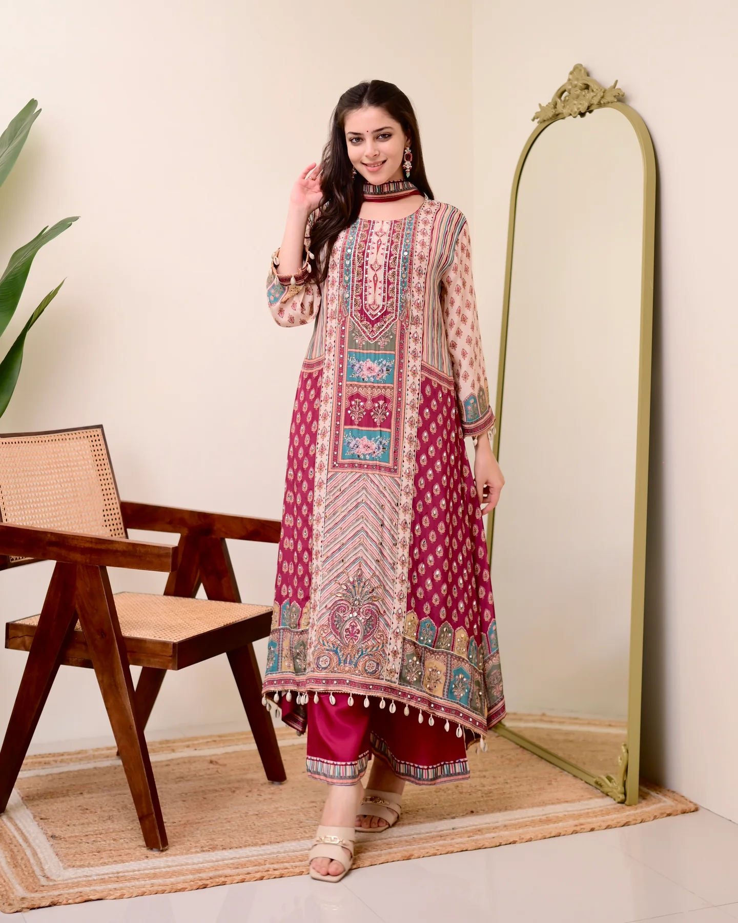 Maroon Chiffon Hand Work A-Line Festive Suit Set