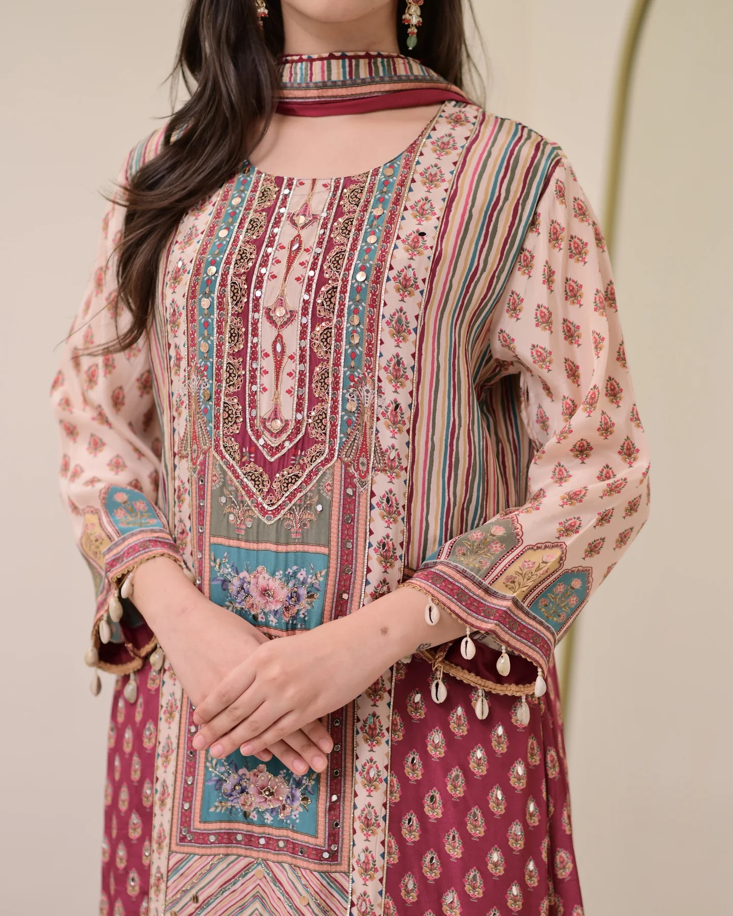Maroon Chiffon Hand Work A-Line Festive Suit Set