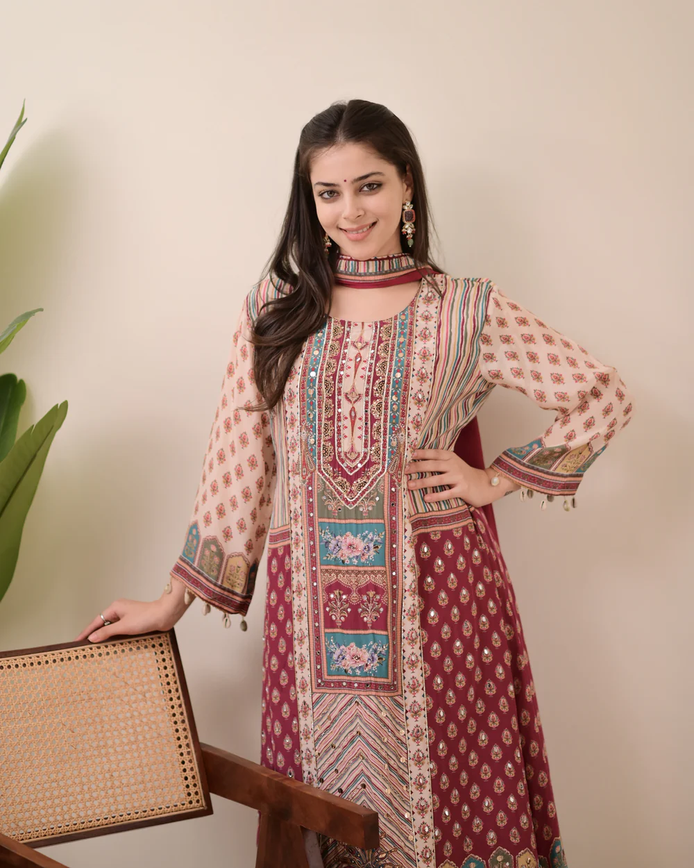 Maroon Chiffon Hand Work A-Line Festive Suit Set