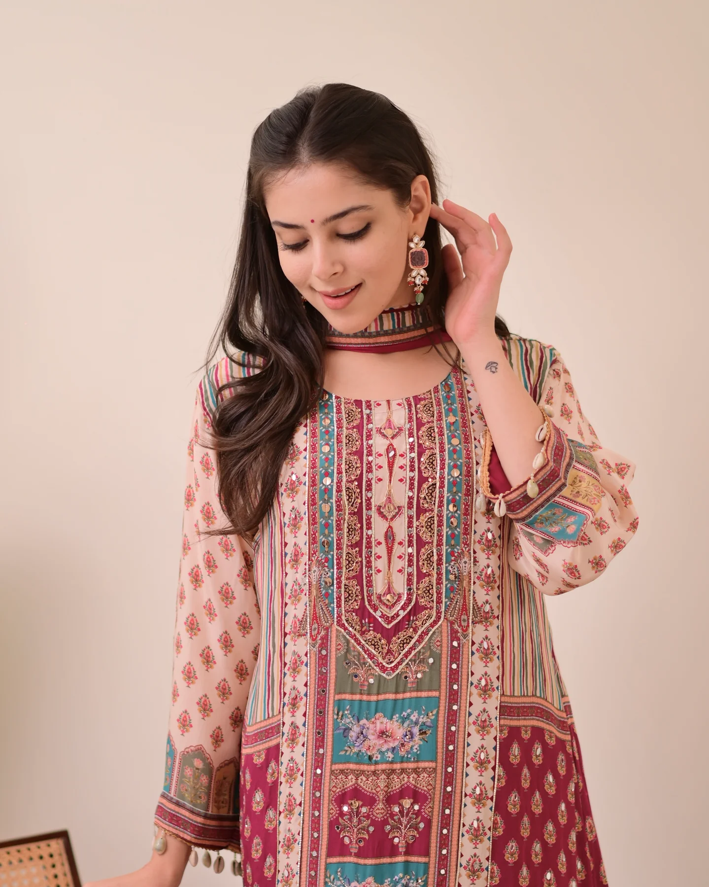 Maroon Chiffon Hand Work A-Line Festive Suit Set