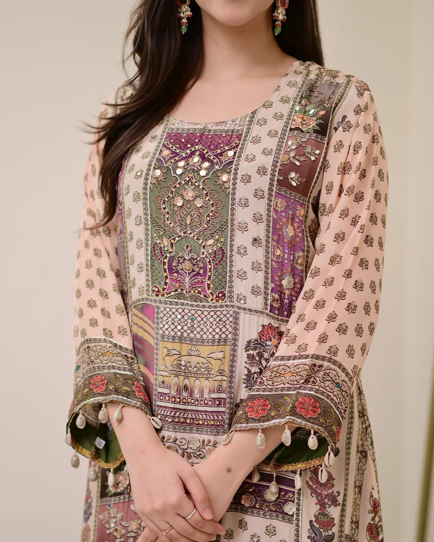 Green Chiffon Hand Work A-Line Festive Suit Set