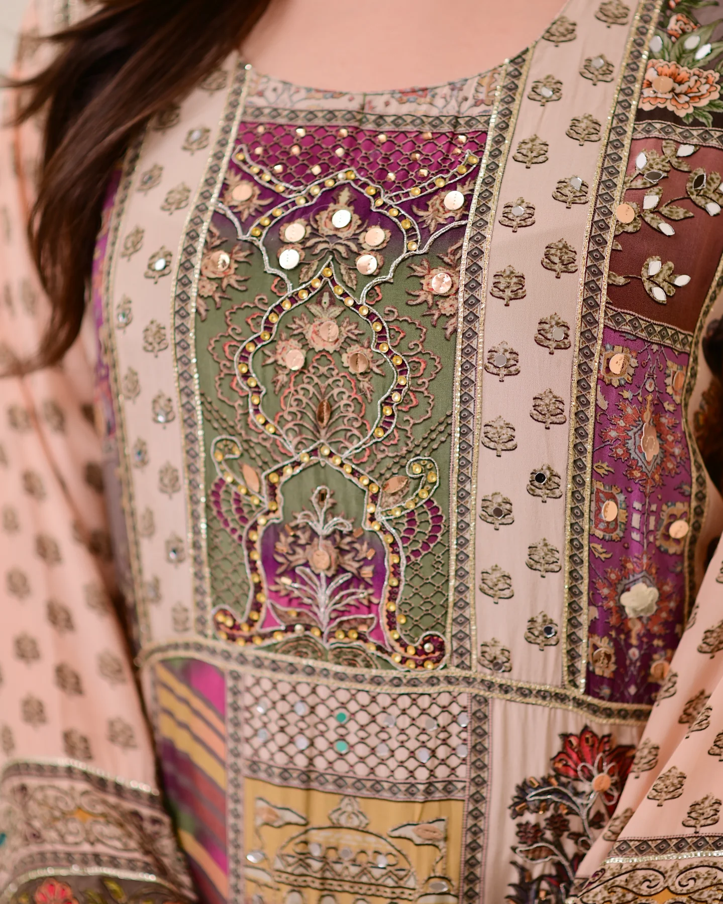 Green Chiffon Hand Work A-Line Festive Suit Set
