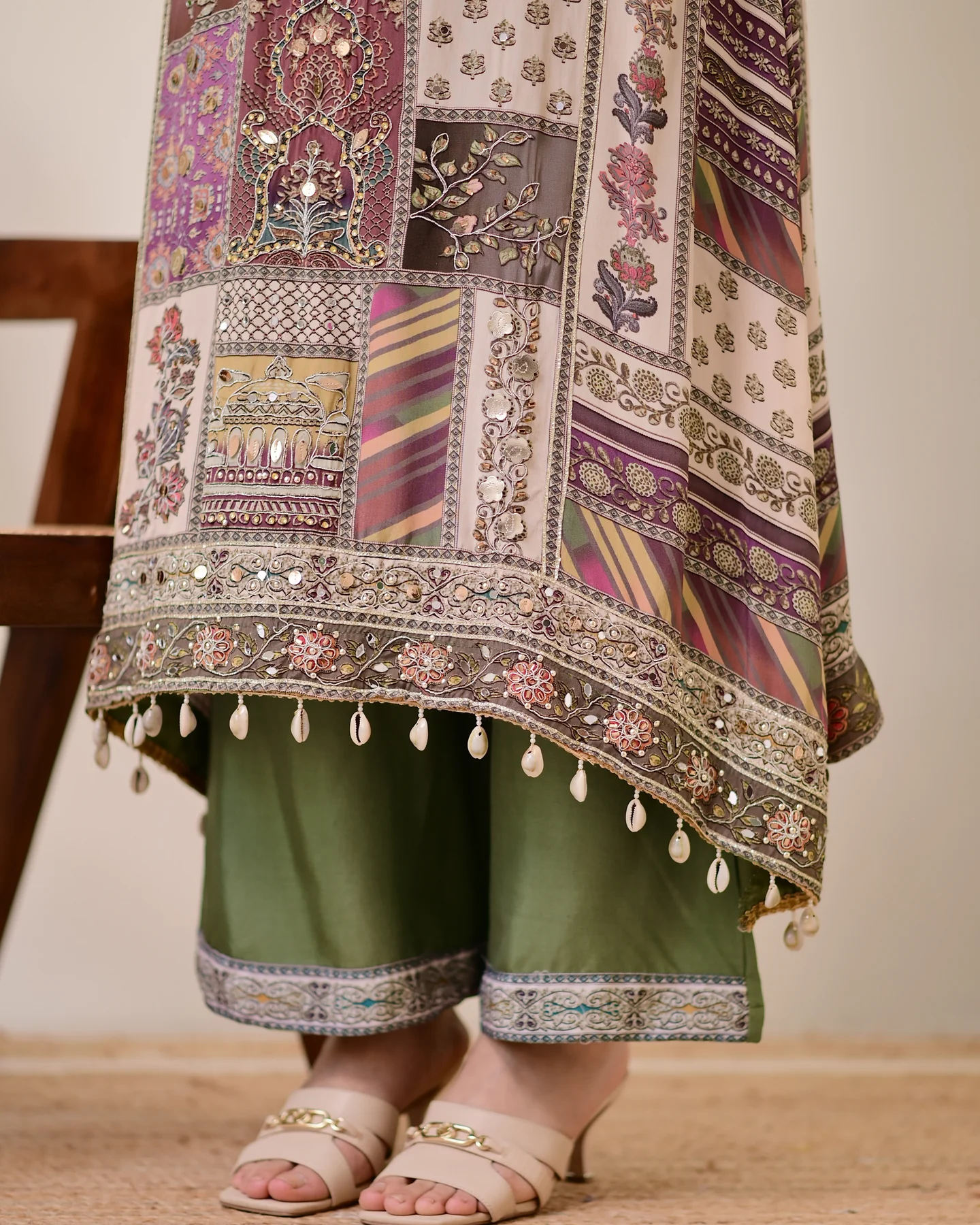 Green Chiffon Hand Work A-Line Festive Suit Set