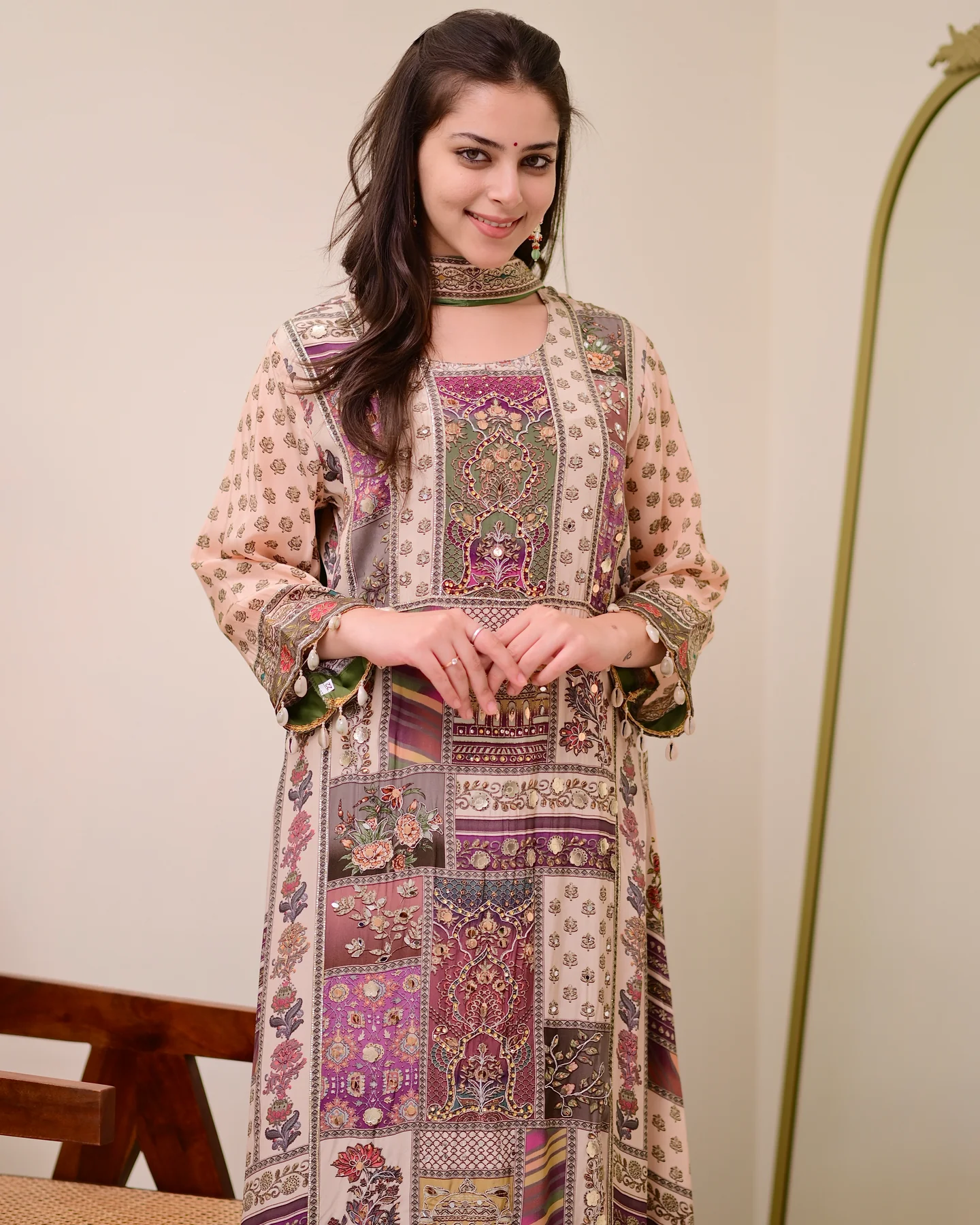 Green Chiffon Hand Work A-Line Festive Suit Set