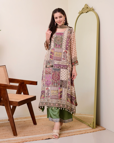Green Chiffon Hand Work A-Line Festive Suit Set