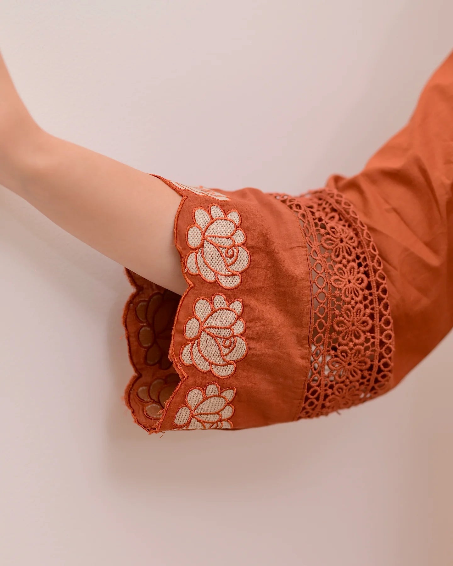 Rust Orange Green Embroidered Cotton Kurta Suit Set