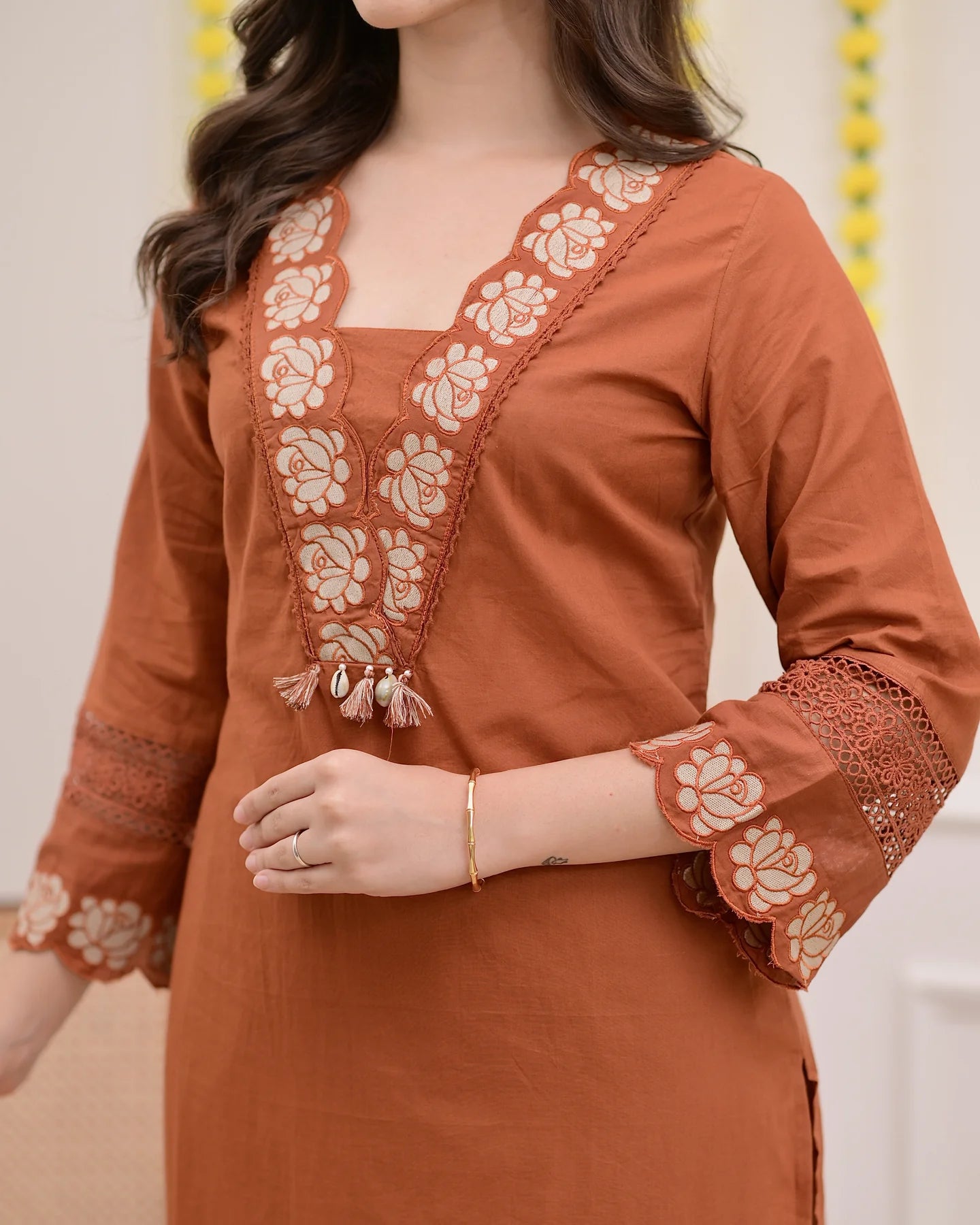 Rust Orange Green Embroidered Cotton Kurta Suit Set