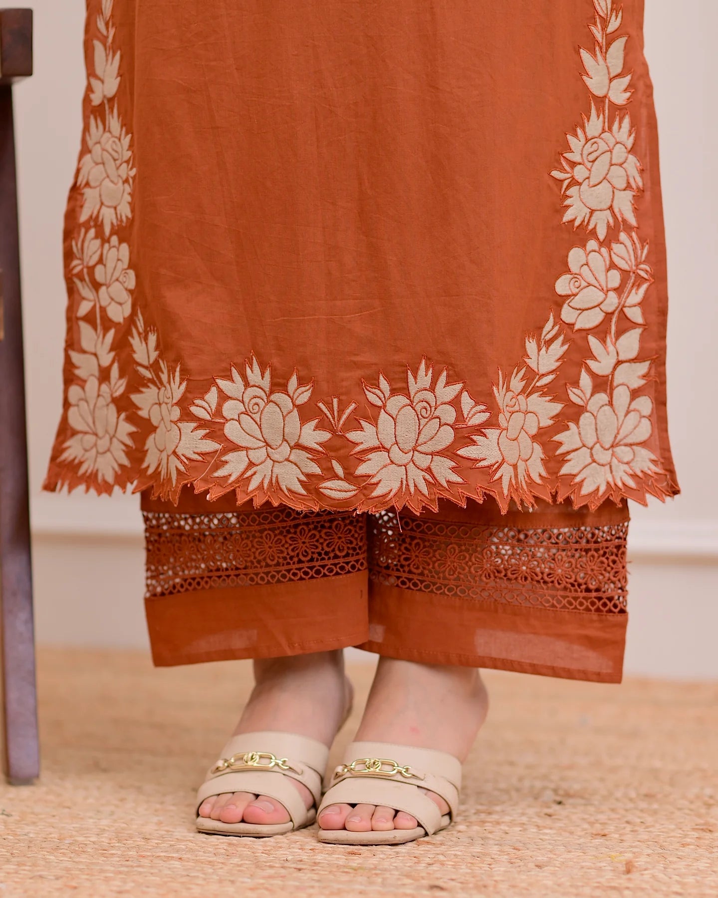 Rust Orange Green Embroidered Cotton Kurta Suit Set