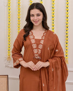 Rust Orange Green Embroidered Cotton Kurta Suit Set