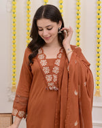 Rust Orange Green Embroidered Cotton Kurta Suit Set