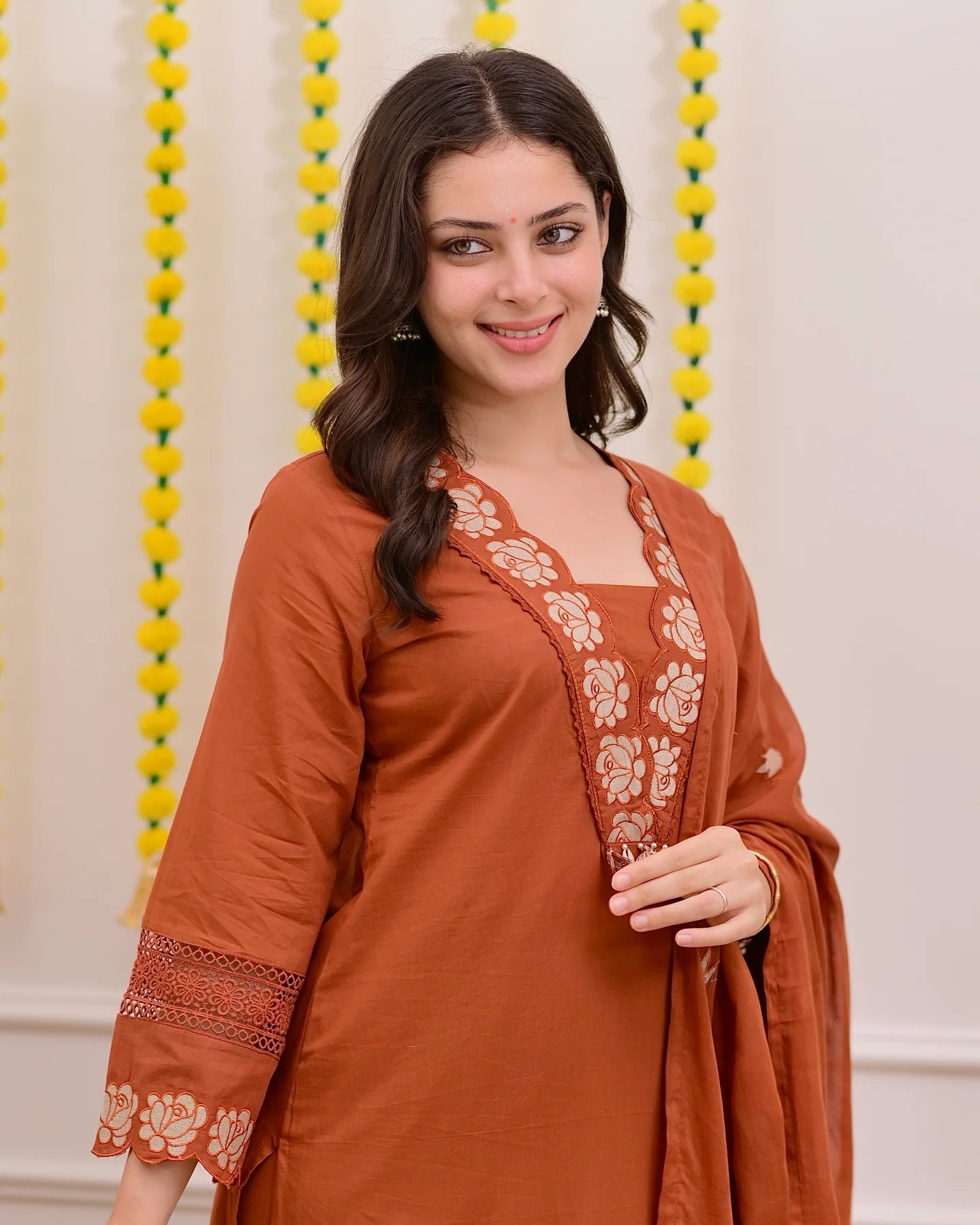 Rust Orange Green Embroidered Cotton Kurta Suit Set