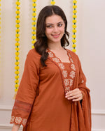 Rust Orange Green Embroidered Cotton Kurta Suit Set