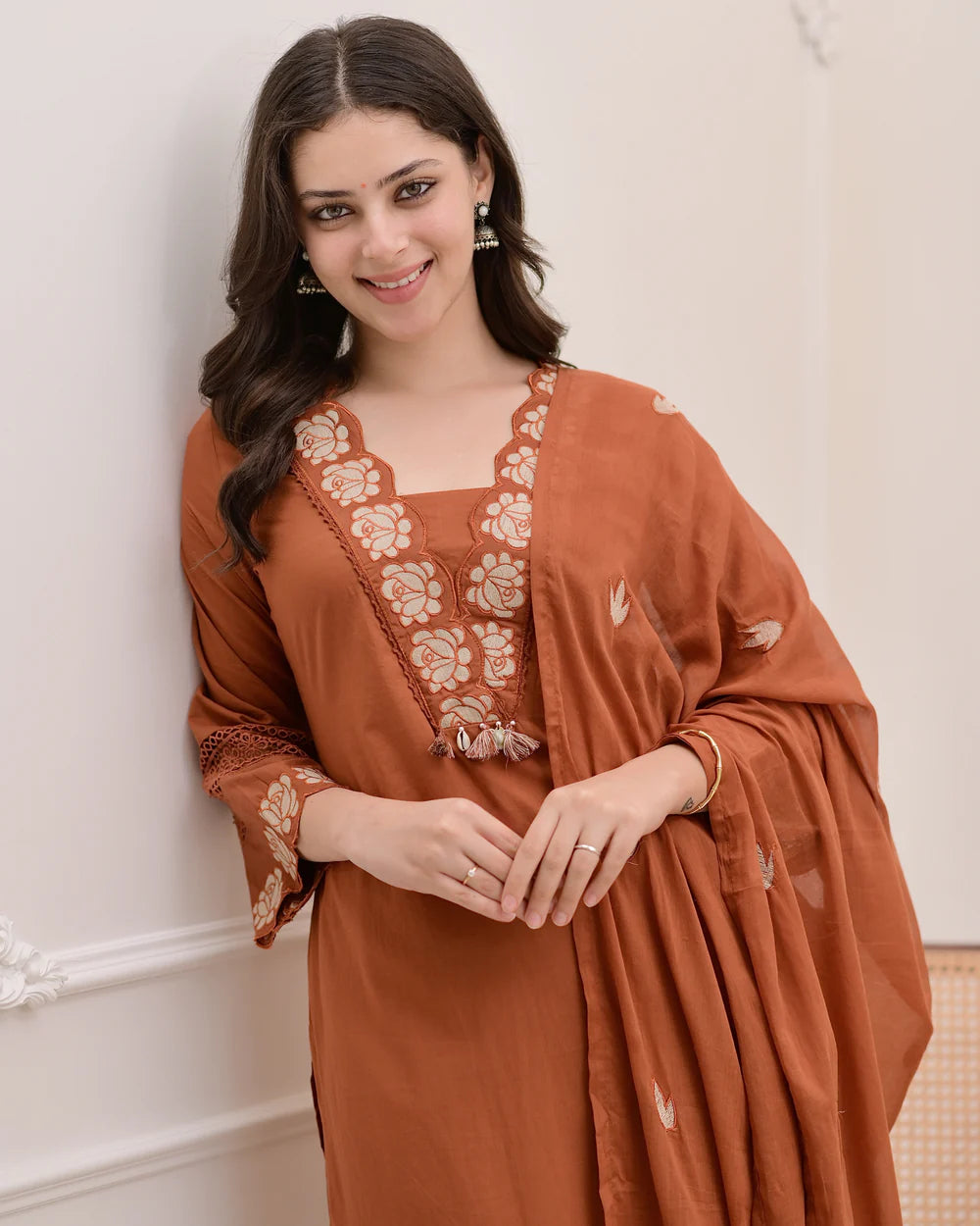 Rust Orange Green Embroidered Cotton Kurta Suit Set