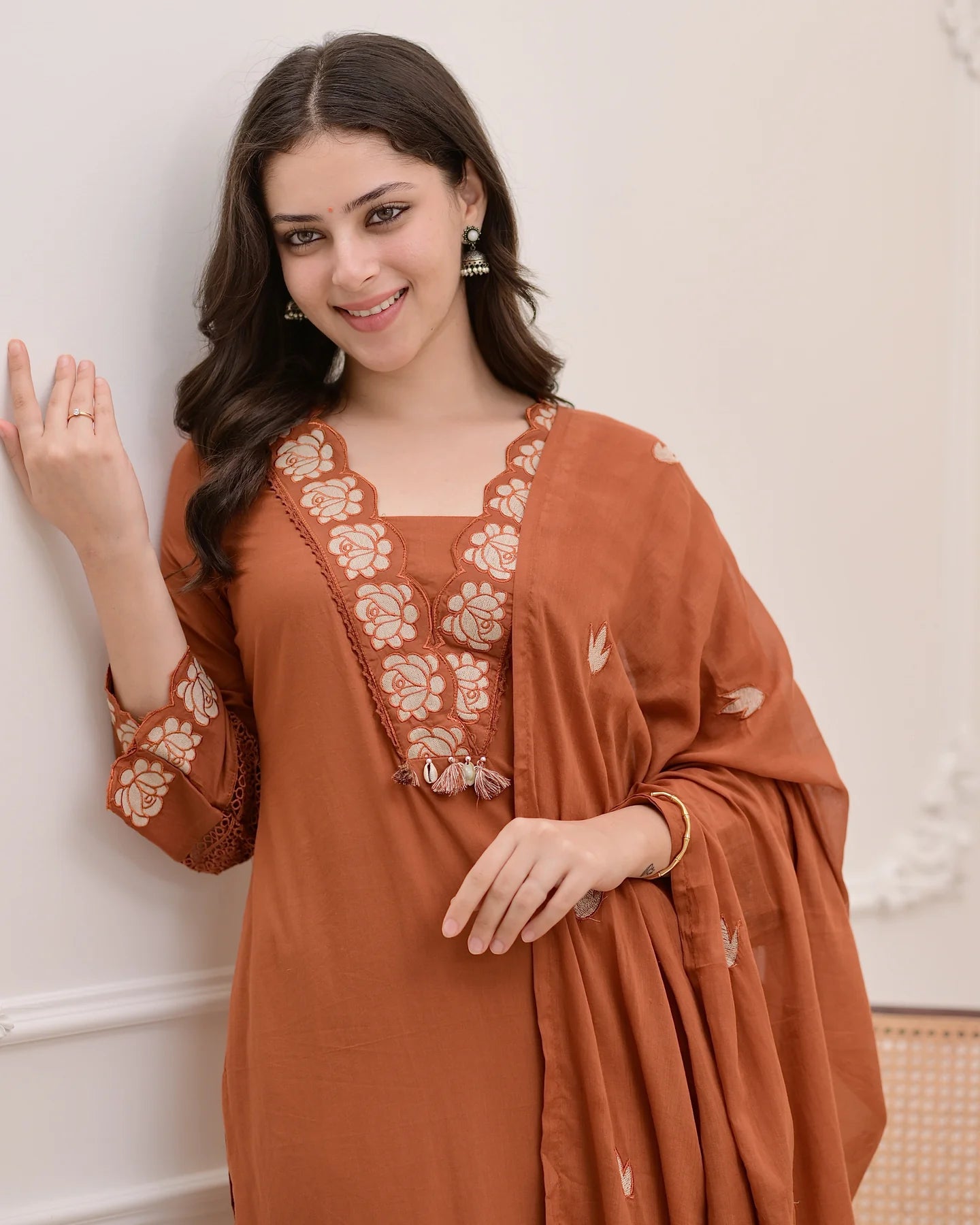 Rust Orange Green Embroidered Cotton Kurta Suit Set