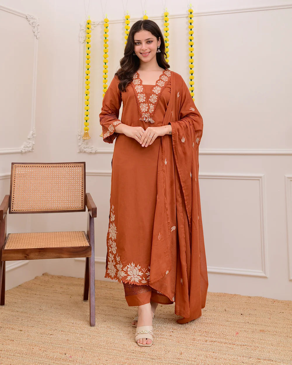 Rust Orange Green Embroidered Cotton Kurta Suit Set