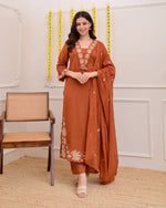 Rust Orange Green Embroidered Cotton Kurta Suit Set