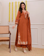 Rust Orange Green Embroidered Cotton Kurta Suit Set