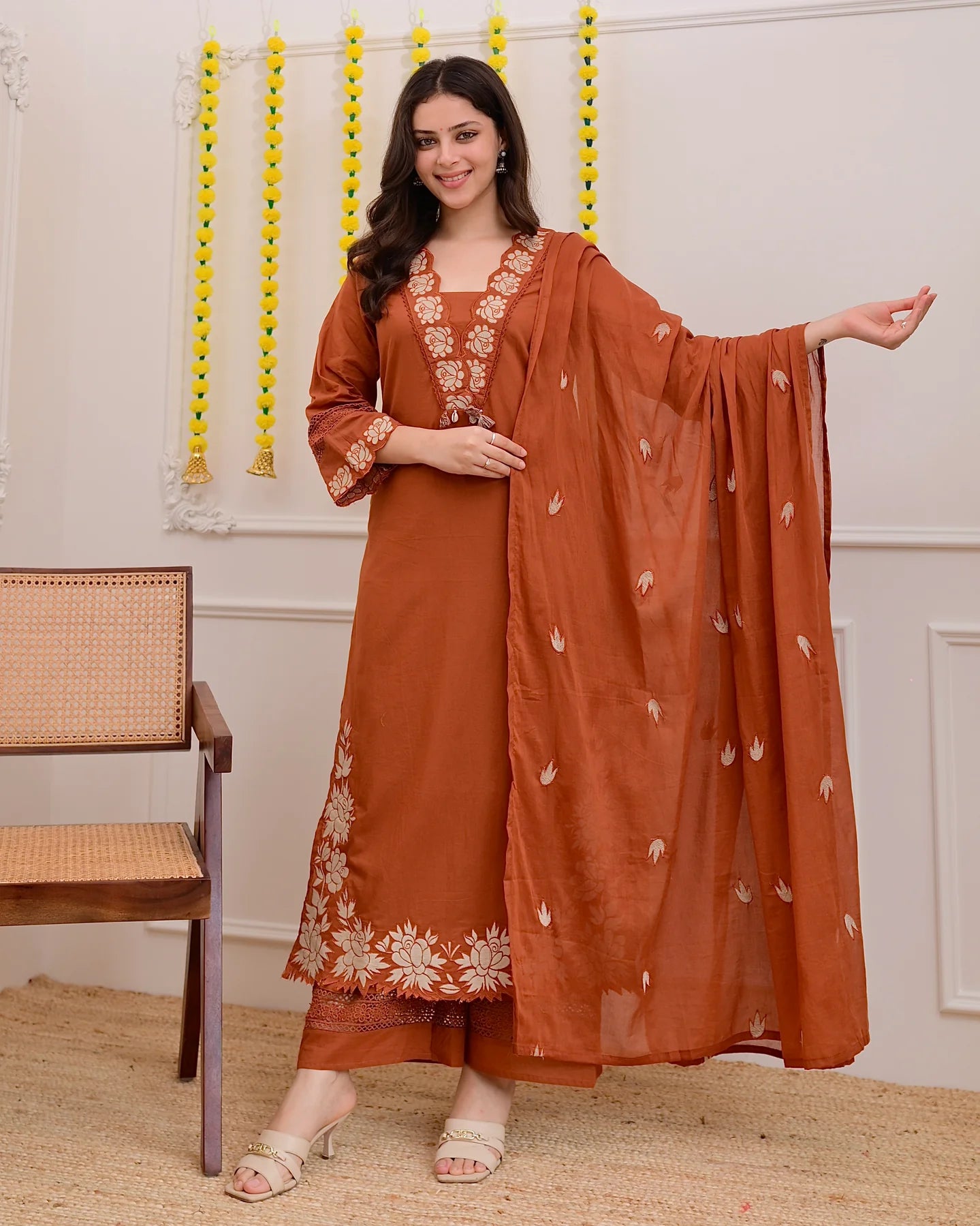 Rust Orange Green Embroidered Cotton Kurta Suit Set