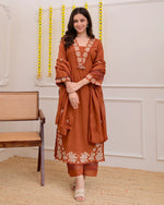 Rust Orange Green Embroidered Cotton Kurta Suit Set