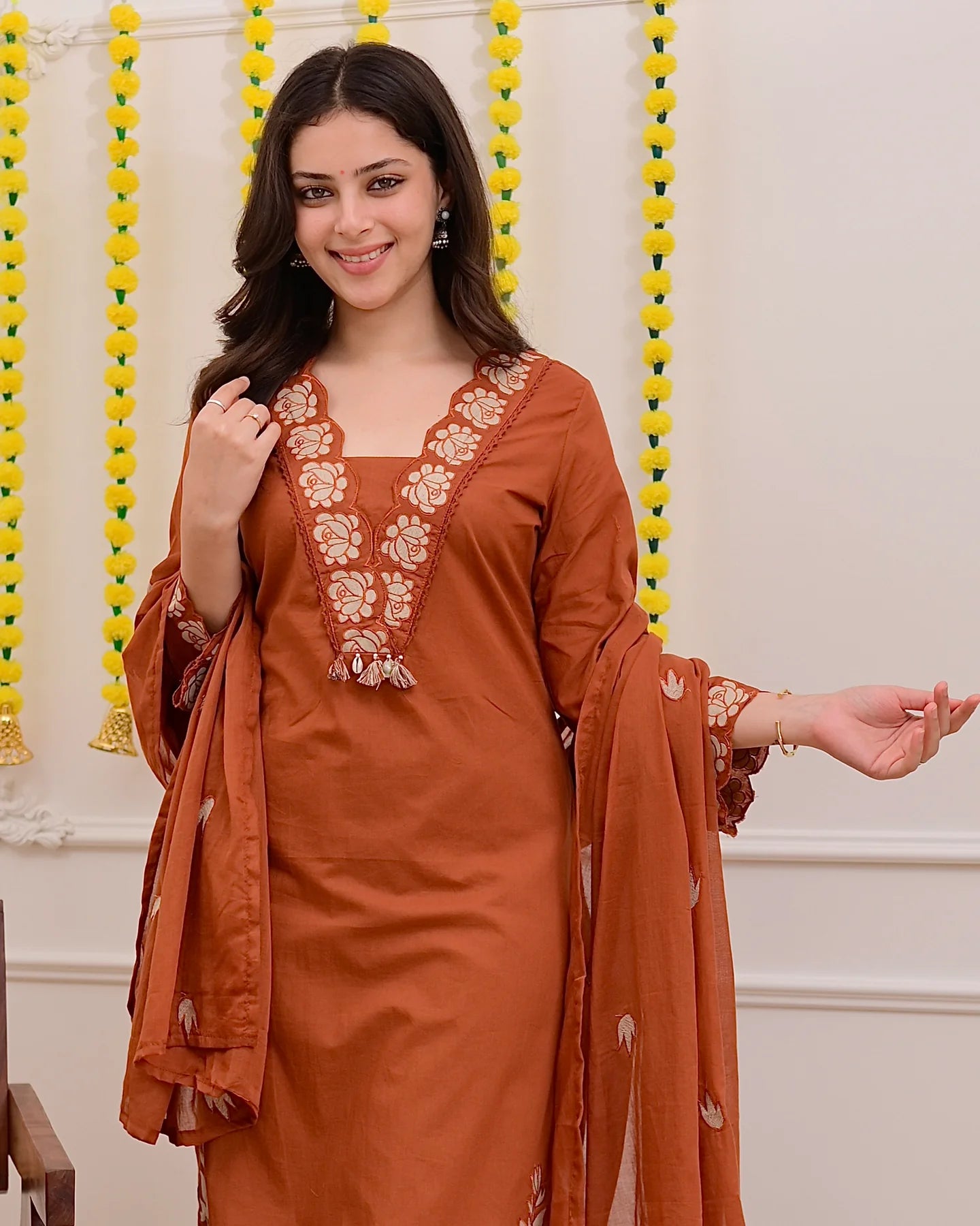 Rust Orange Green Embroidered Cotton Kurta Suit Set