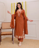 Rust Orange Green Embroidered Cotton Kurta Suit Set