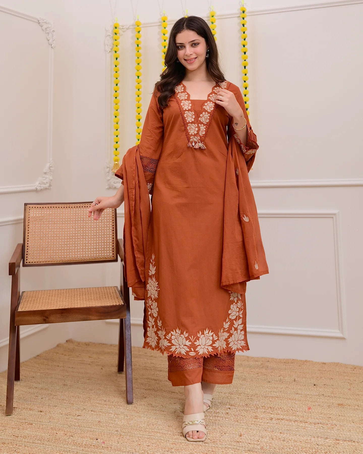 Rust Orange Green Embroidered Cotton Kurta Suit Set
