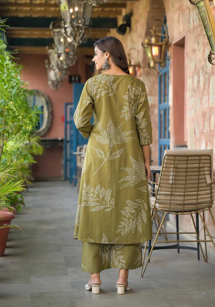 Abstract Floral Printed & Beads work A-Line Kurta Plazzo & Dupatta - Mehendi Green