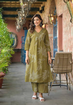 Abstract Floral Printed & Beads work A-Line Kurta Plazzo & Dupatta - Mehendi Green