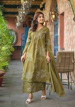 Abstract Floral Printed & Beads work A-Line Kurta Plazzo & Dupatta - Mehendi Green