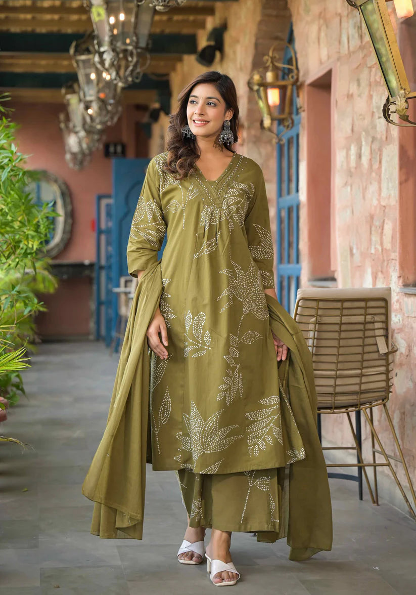 Abstract Floral Printed & Beads work A-Line Kurta Plazzo & Dupatta - Mehendi Green