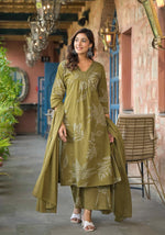 Abstract Floral Printed & Beads work A-Line Kurta Plazzo & Dupatta - Mehendi Green