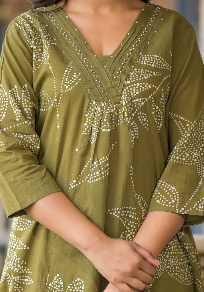 Abstract Floral Printed & Beads work A-Line Kurta Plazzo & Dupatta - Mehendi Green