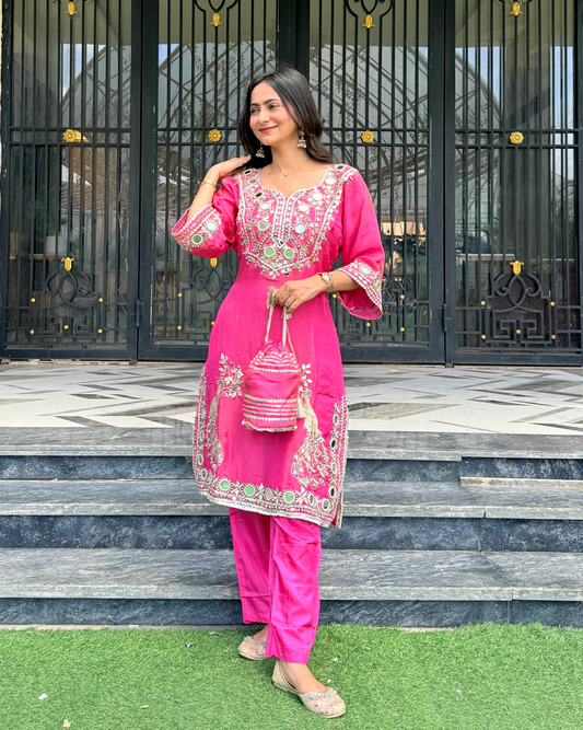 Pink Roman Silk Mirror Work Kurta & Sharara