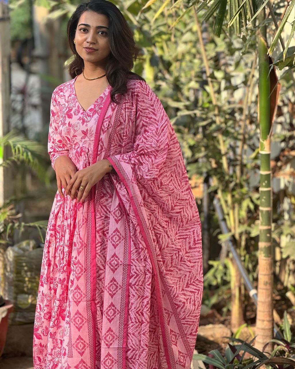 Floral Print Cotton Flared Kurta With Pant & Dupatta