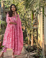 Floral Print Cotton Flared Kurta With Pant & Dupatta