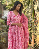 Floral Print Cotton Flared Kurta With Pant & Dupatta